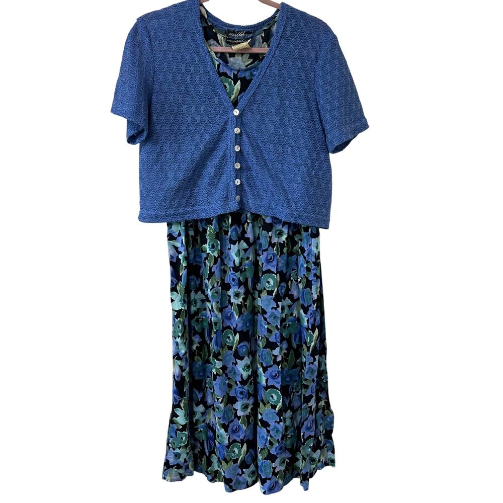 Molly Malloy Vtg Womens Sz 12 Blue Floral Midi Dress & Cardigan Granny Cottage